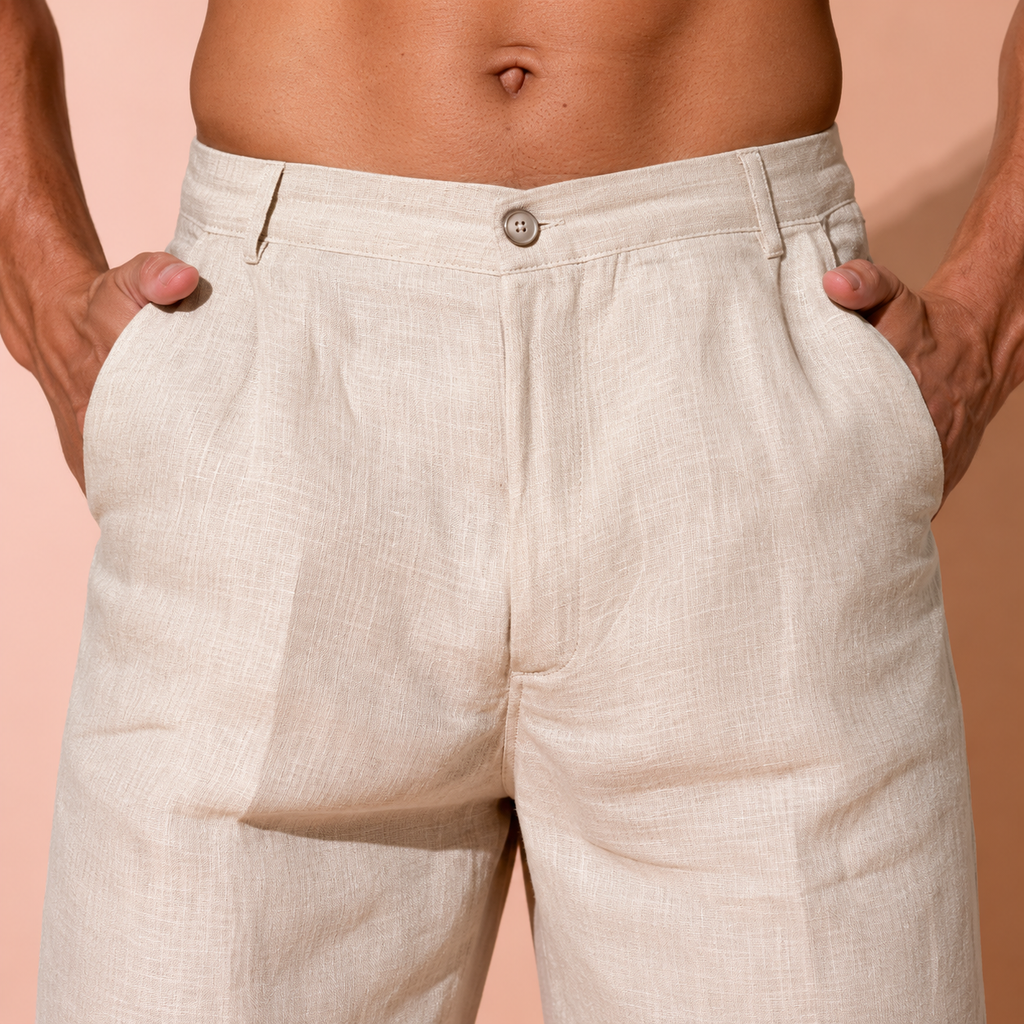 luxury Beige Pure Linen Trousers Men