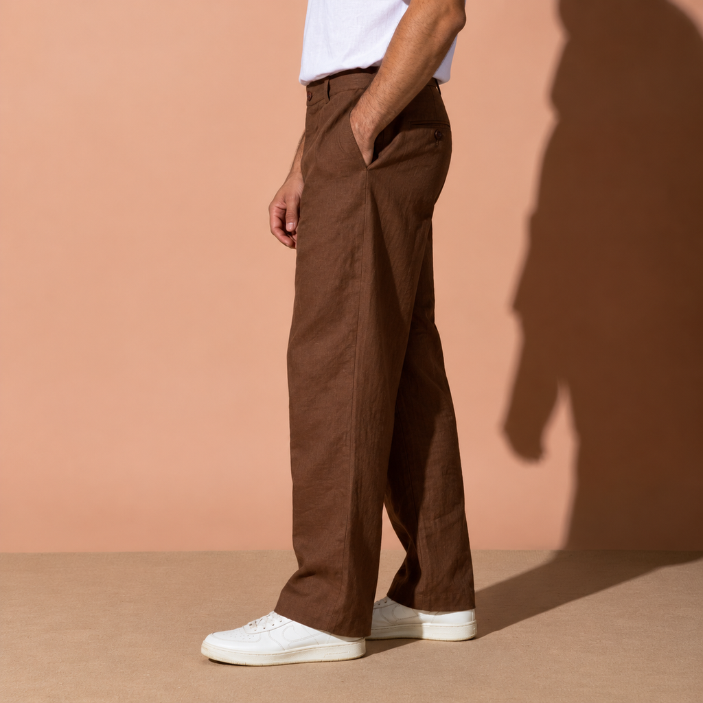 Chocolate Brown Pure Linen Trousers Men