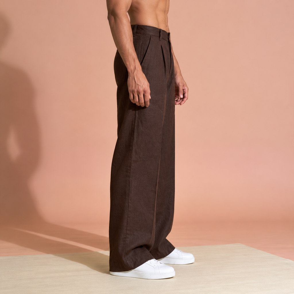 Dark Brown Pure Linen Trousers Men