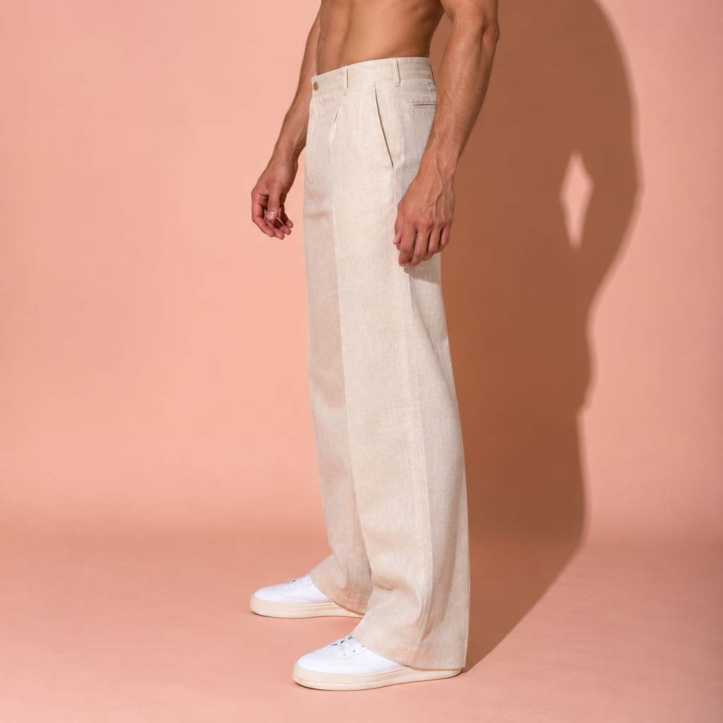 Classic Light Beige Pure Linen Trousers Men