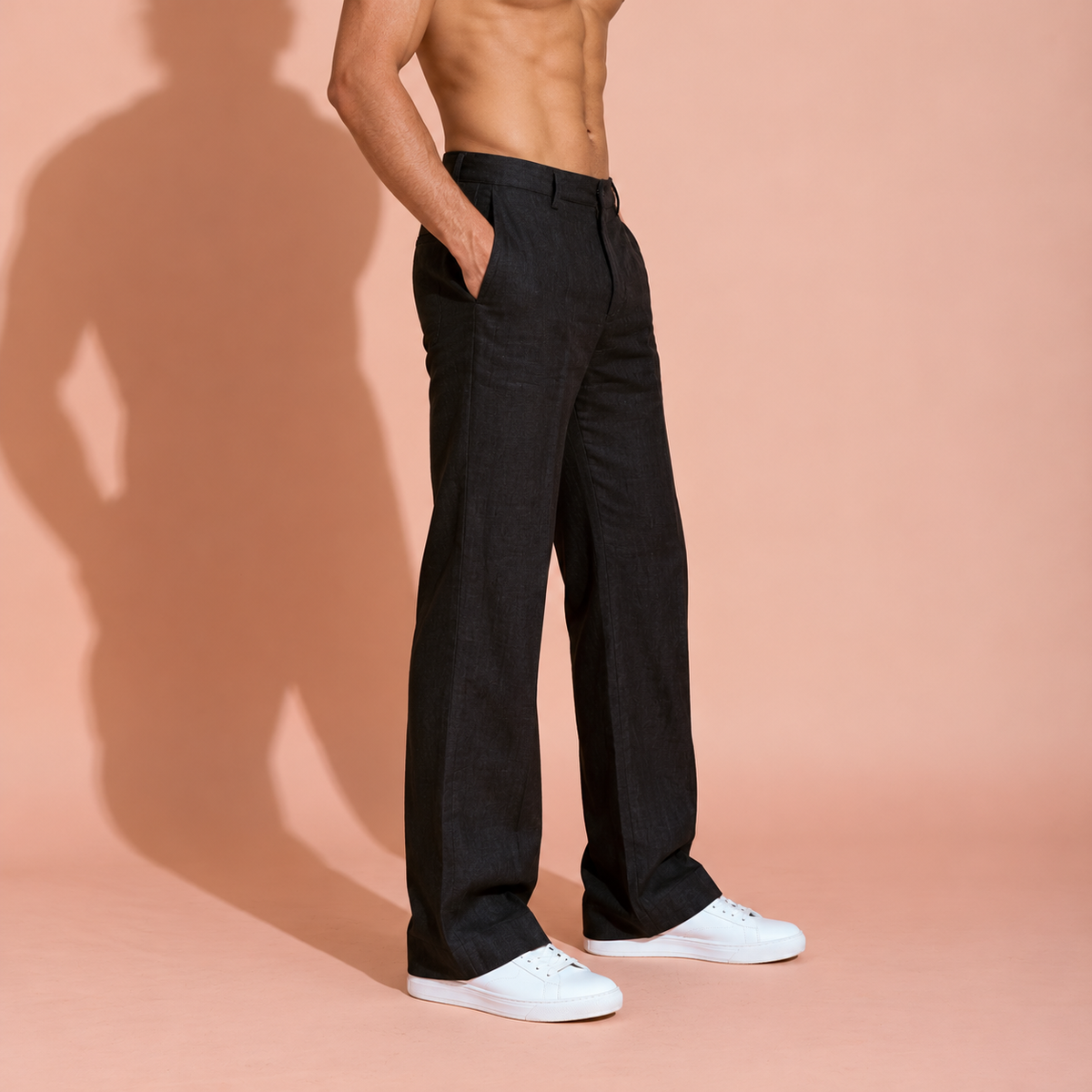 Black Pure Linen Trousers Men