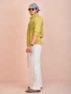 Tie & Dye Washed Olive Pure Linen Shirt