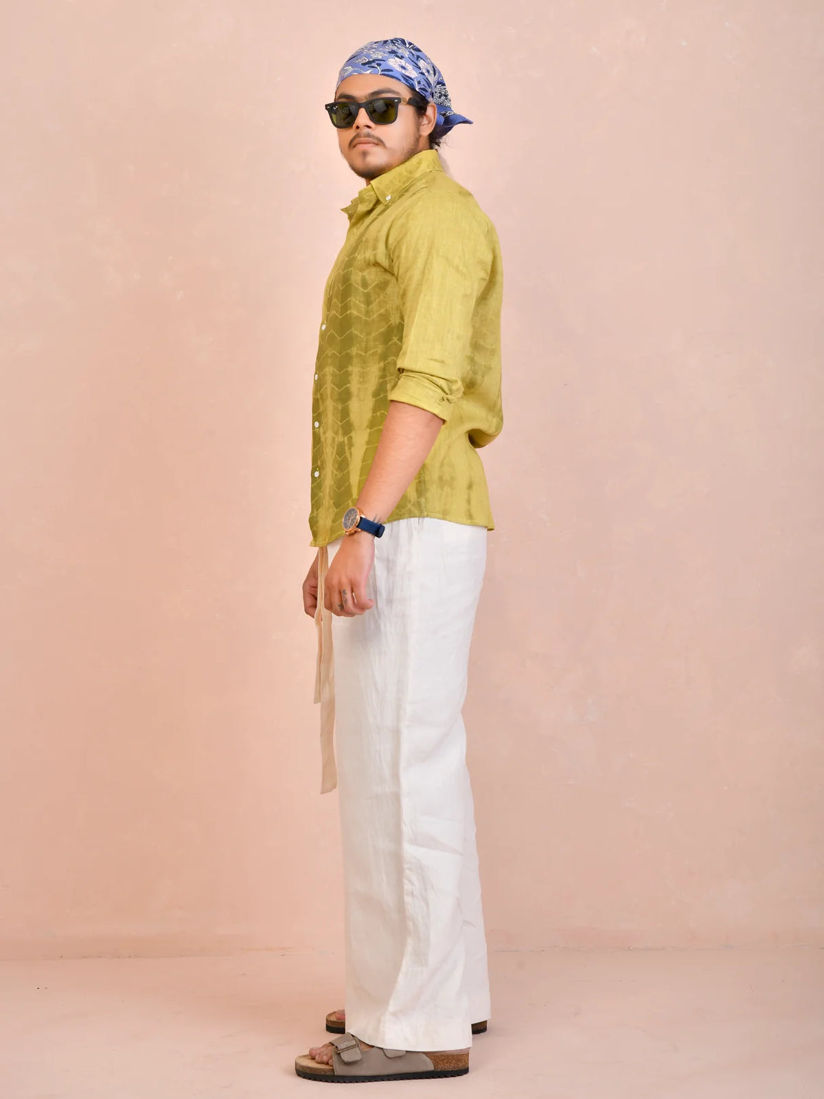 Tie & Dye Washed Olive Pure Linen Shirt