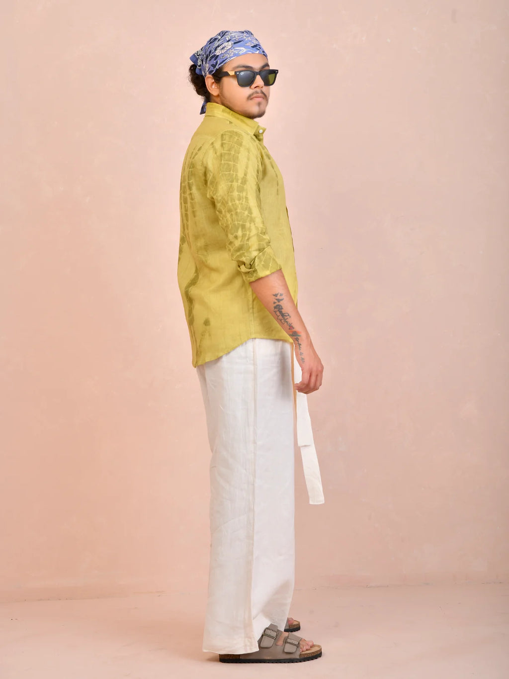 Tie & Dye Washed Olive Pure Linen Shirt