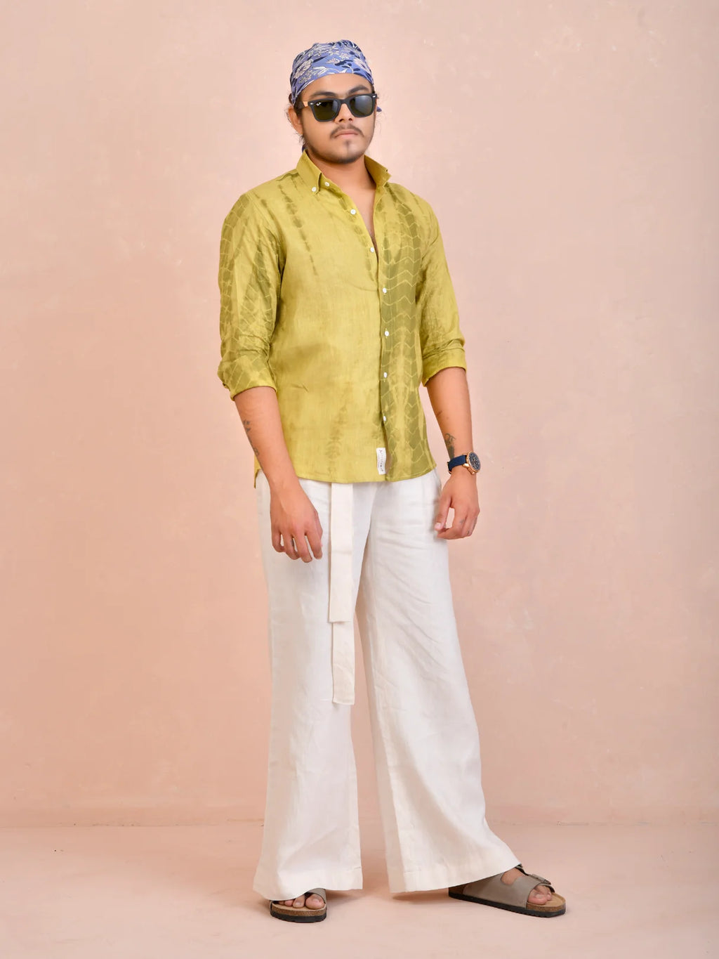 Tie & Dye Washed Olive Pure Linen Shirt