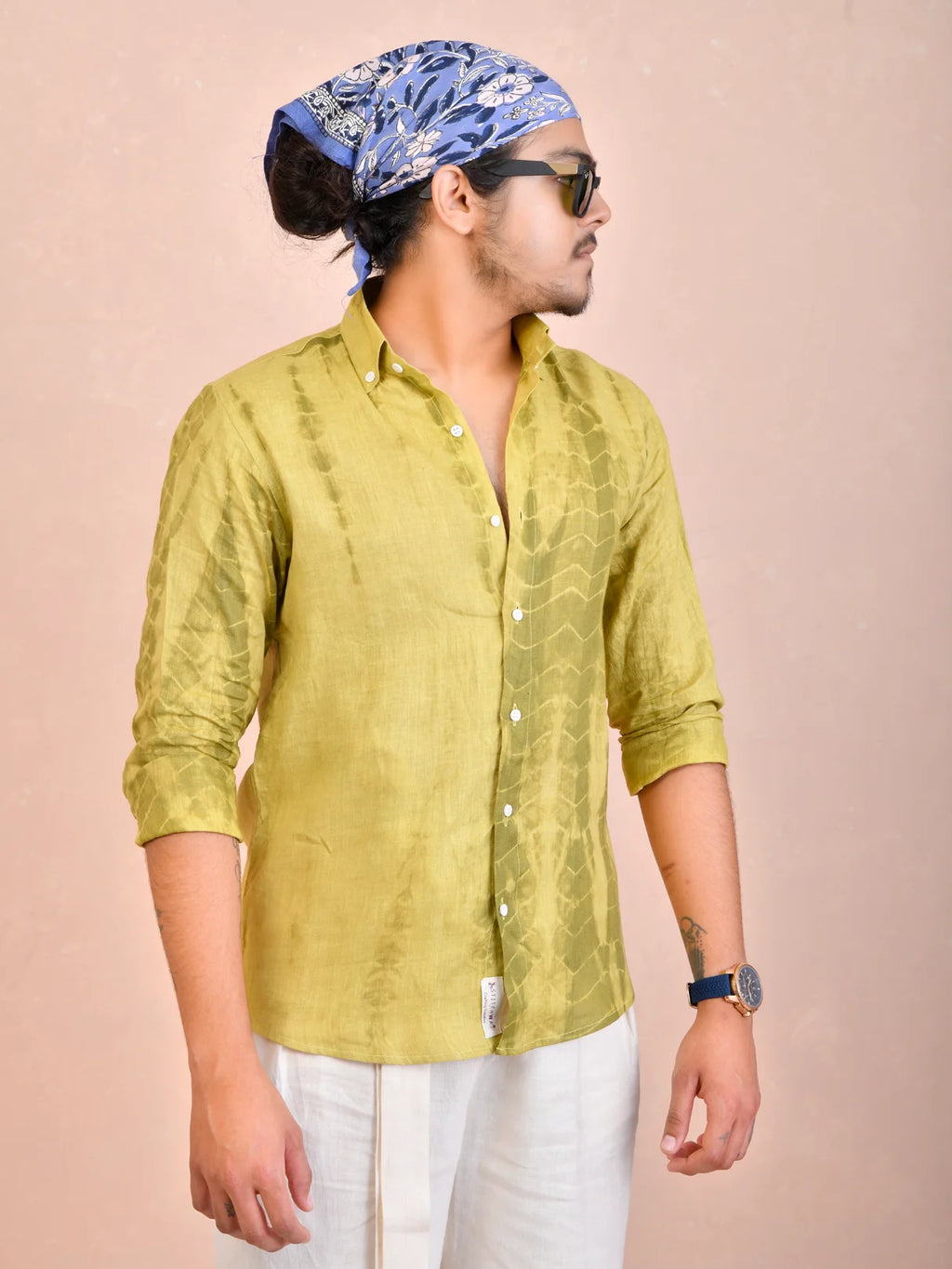 Tie & Dye Washed Olive Pure Linen Shirt