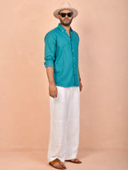 Teal Blue Pure Linen Shirt