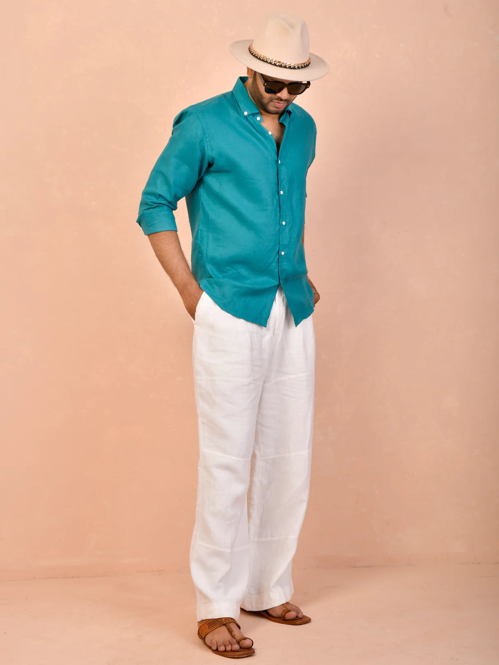 Teal Blue Pure Linen Shirt