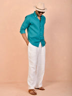 Teal Blue Pure Linen Shirt