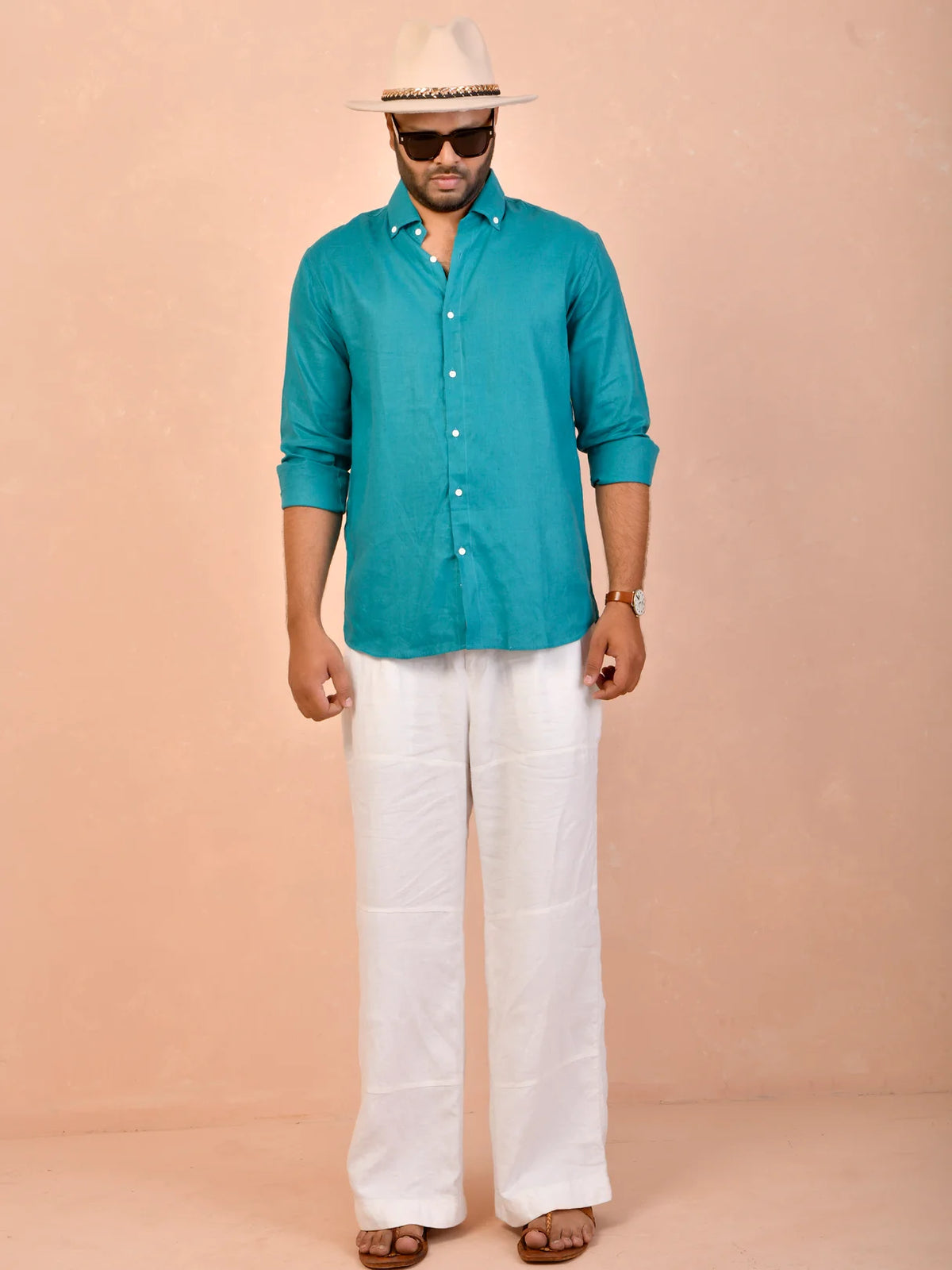 Teal Blue Pure Linen Shirt