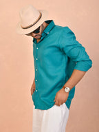 Teal Blue Pure Linen Shirt