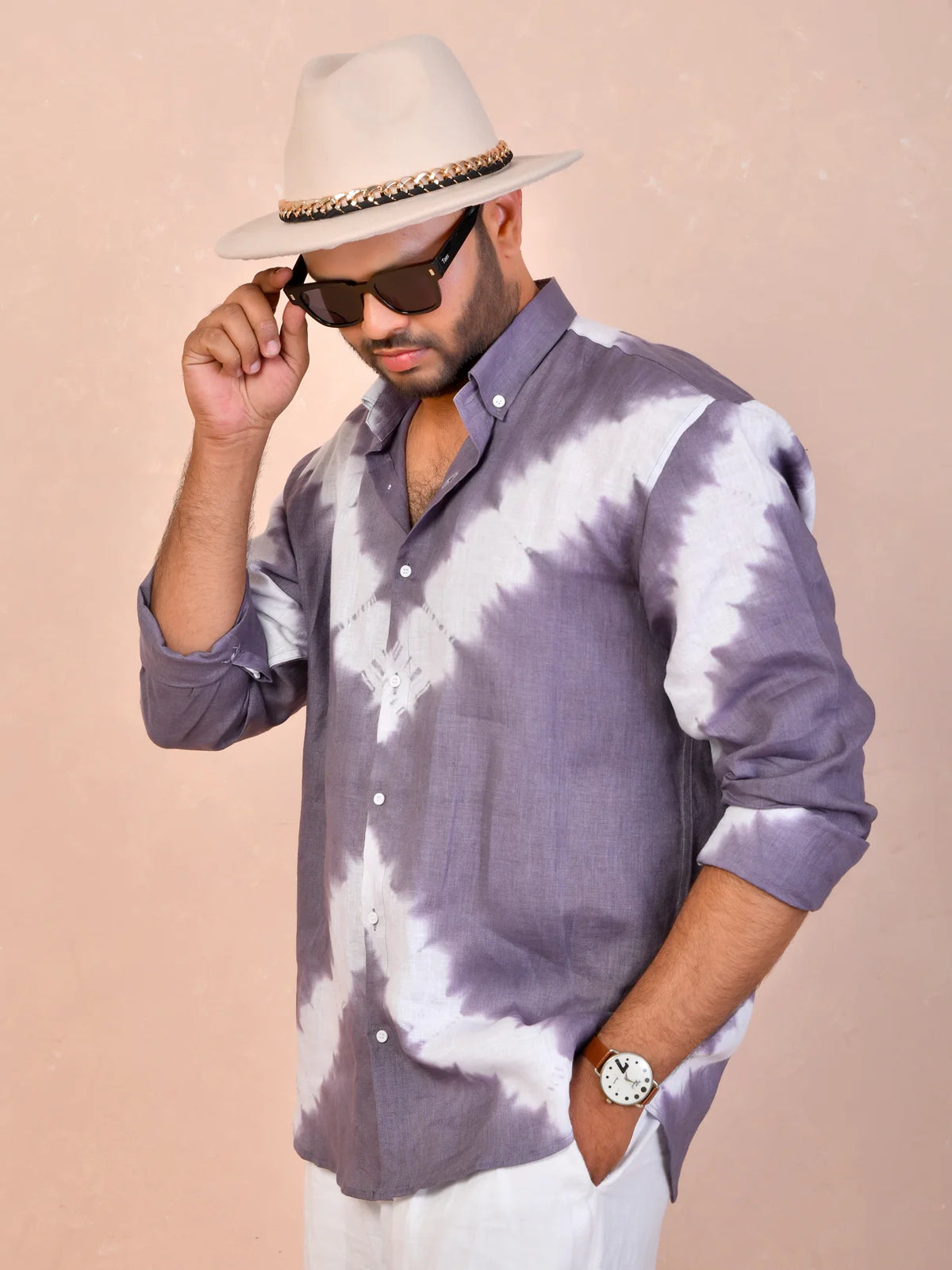 Tie & Dye Dusty Lavender Grey Pure Linen Shirt