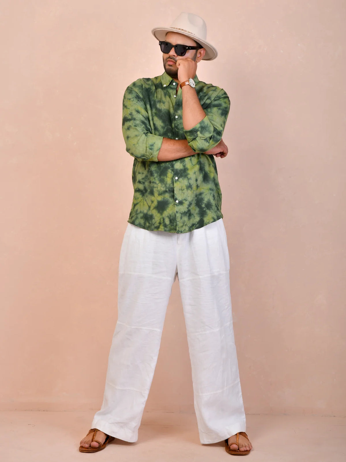 Tie & Dye Olive Green Pure Linen Shirt
