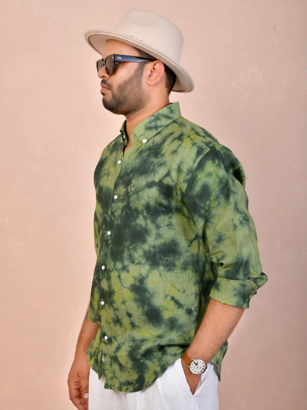 Tie & Dye Olive Green Pure Linen Shirt