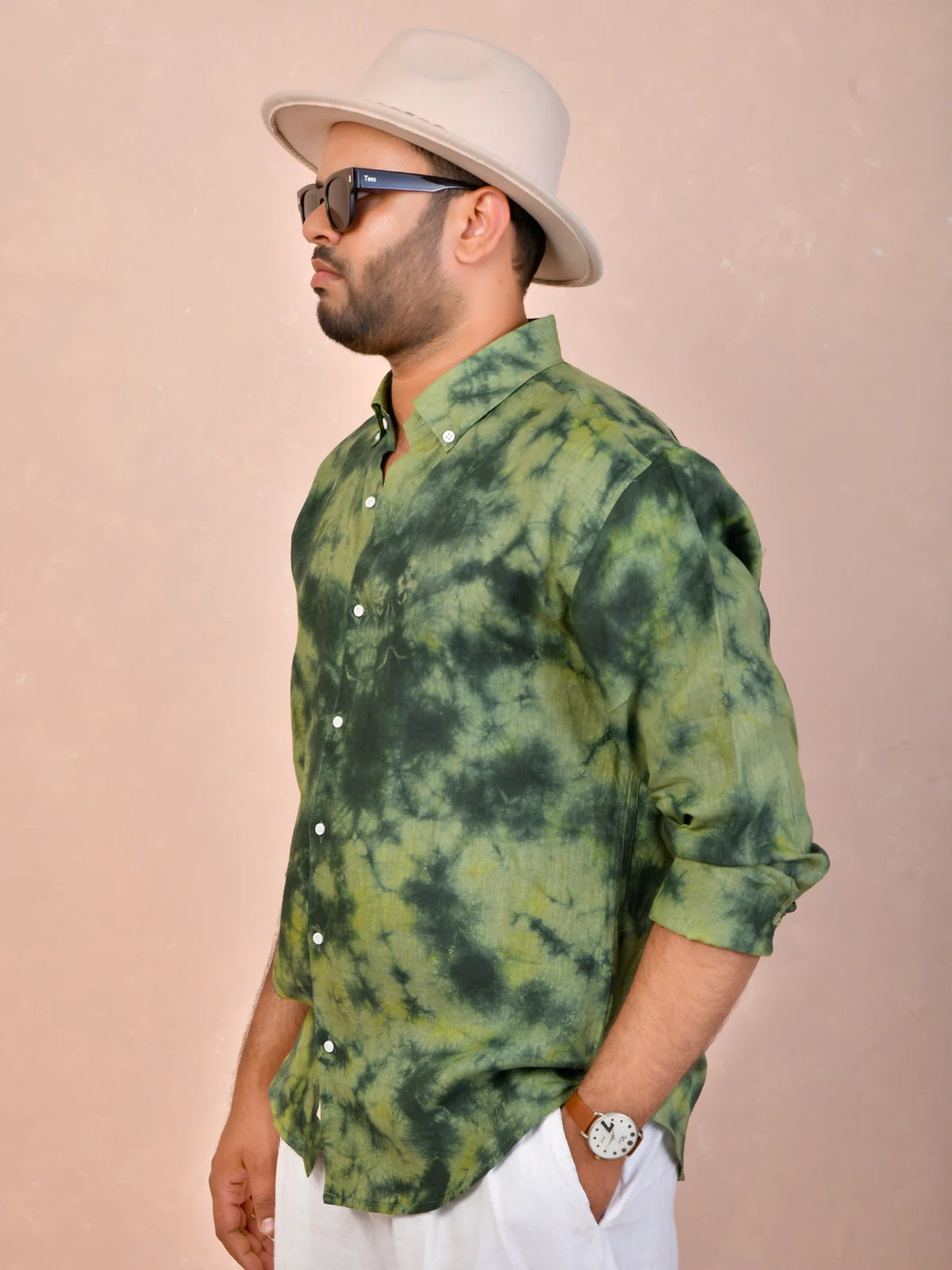 Tie & Dye Olive Green Pure Linen Shirt