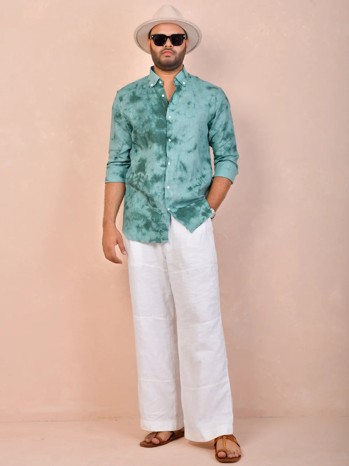 Dusty Teal Green Tie-Dye Linen Shirt