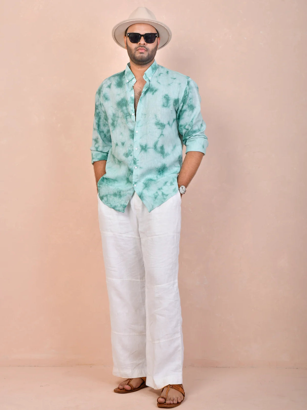Seafoam Green Tie-Dye pure linen shirt