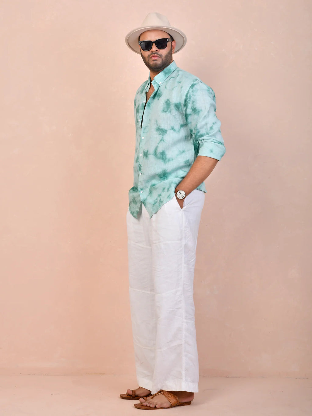 Seafoam Green Tie-Dye pure linen shirt