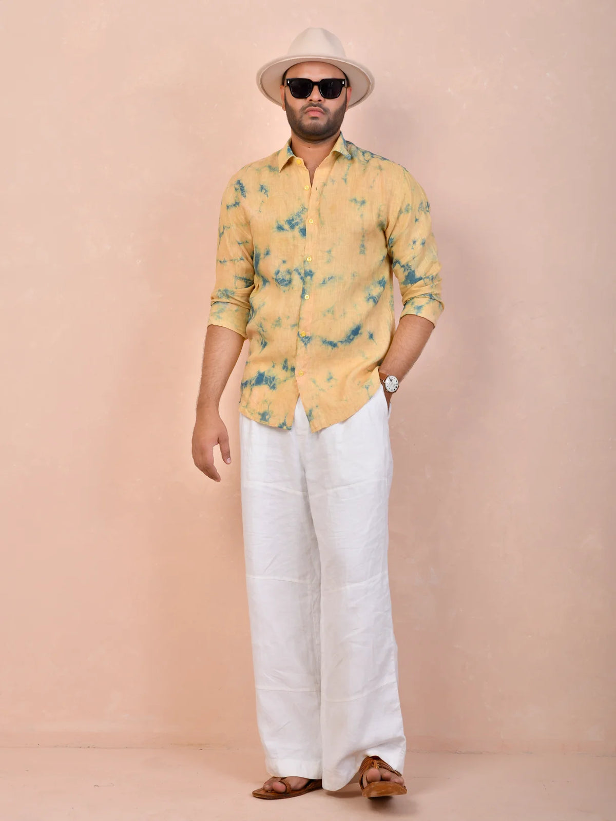 Light Mustard Yellow Tie & Dye pure linen shirt