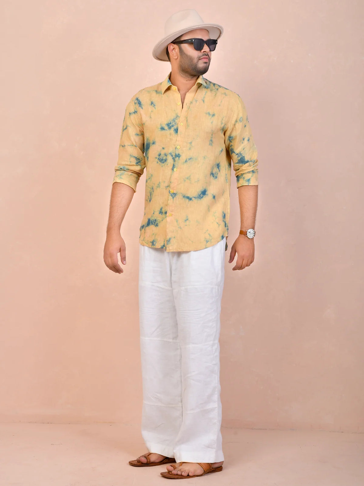 Light Mustard Yellow Tie & Dye pure linen shirt