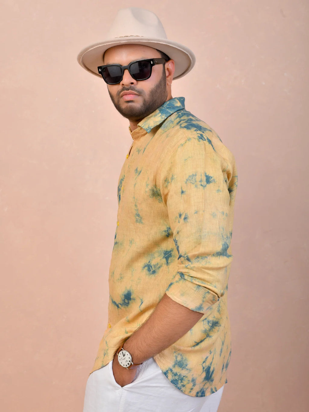 Light Mustard Yellow Tie & Dye pure linen shirt