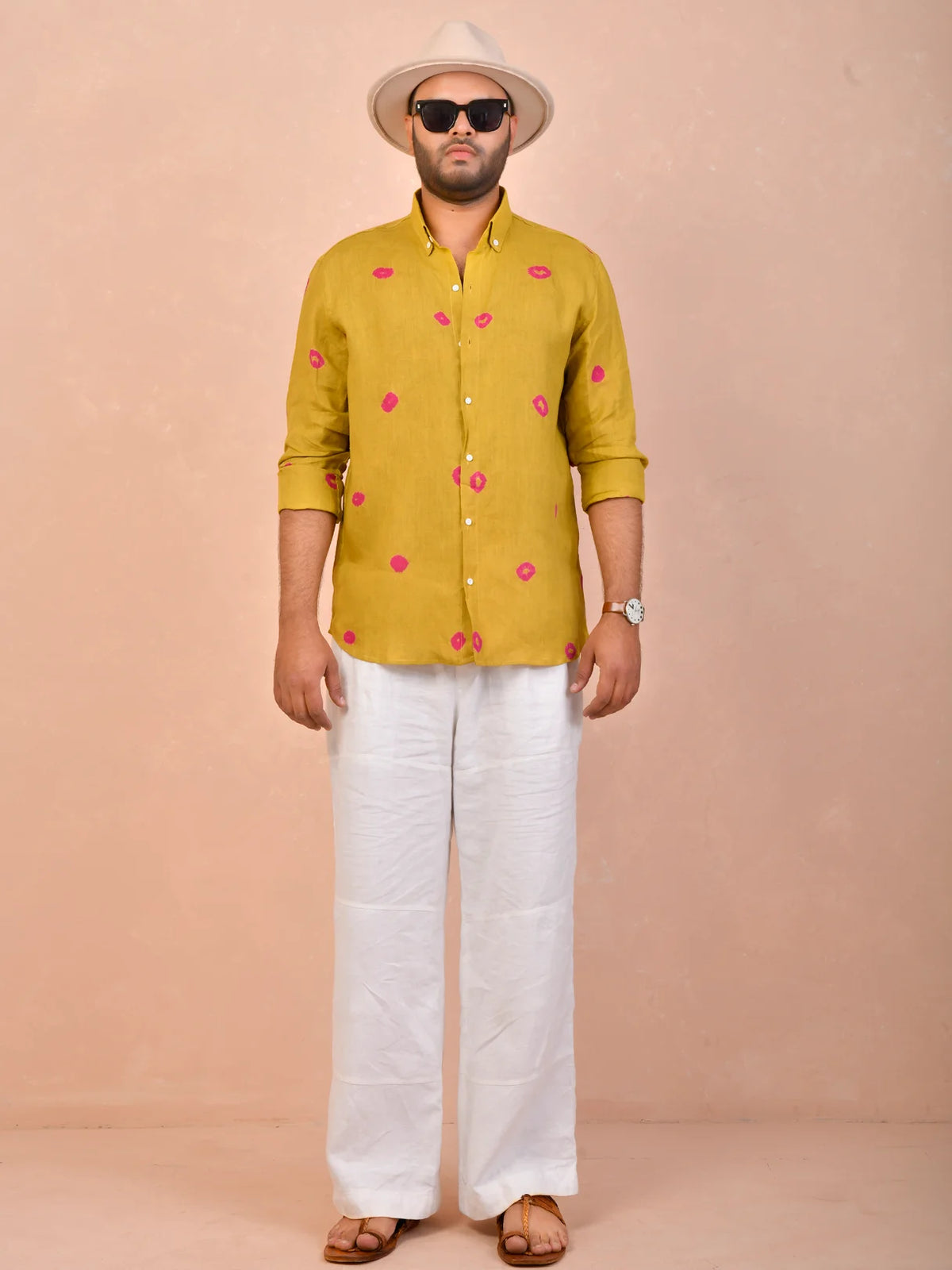 Mustard with Pink Bandhani pure linen shirt