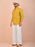 Mustard with Pink Bandhani pure linen shirt
