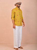 Mustard with Pink Bandhani pure linen shirt