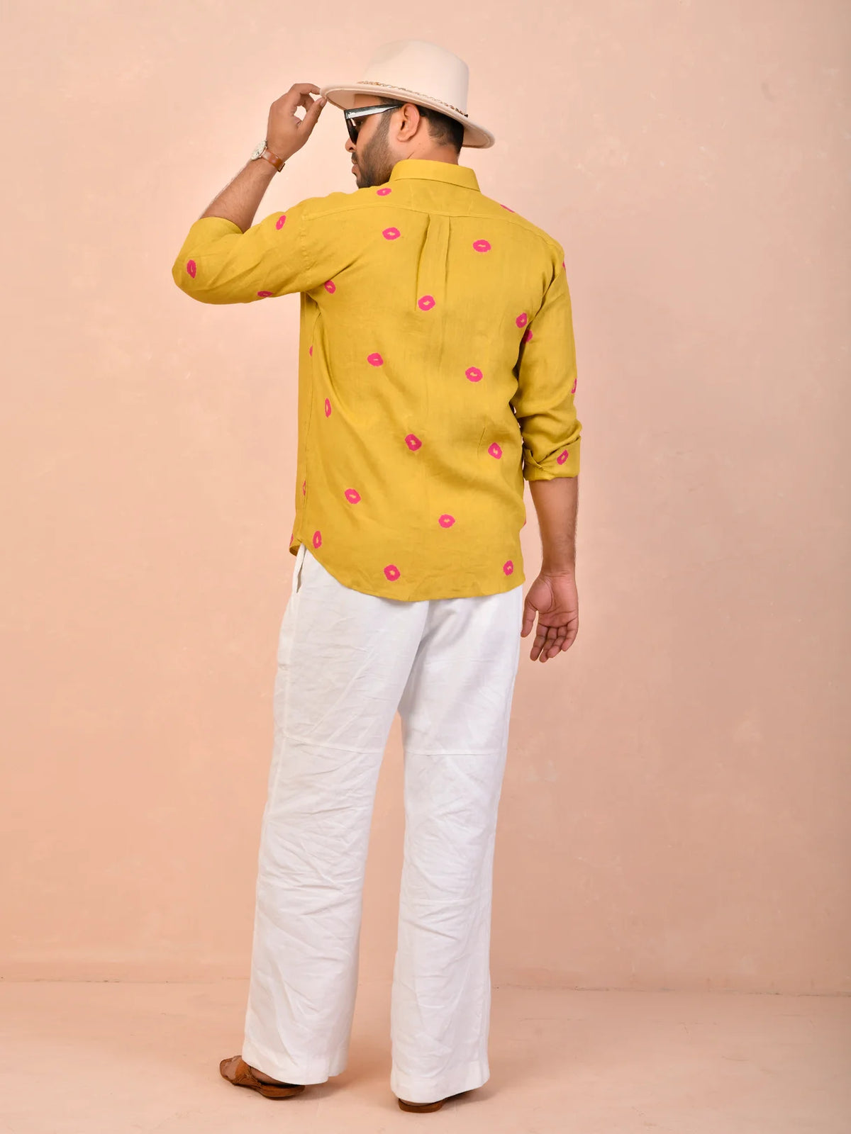 Mustard with Pink Bandhani pure linen shirt