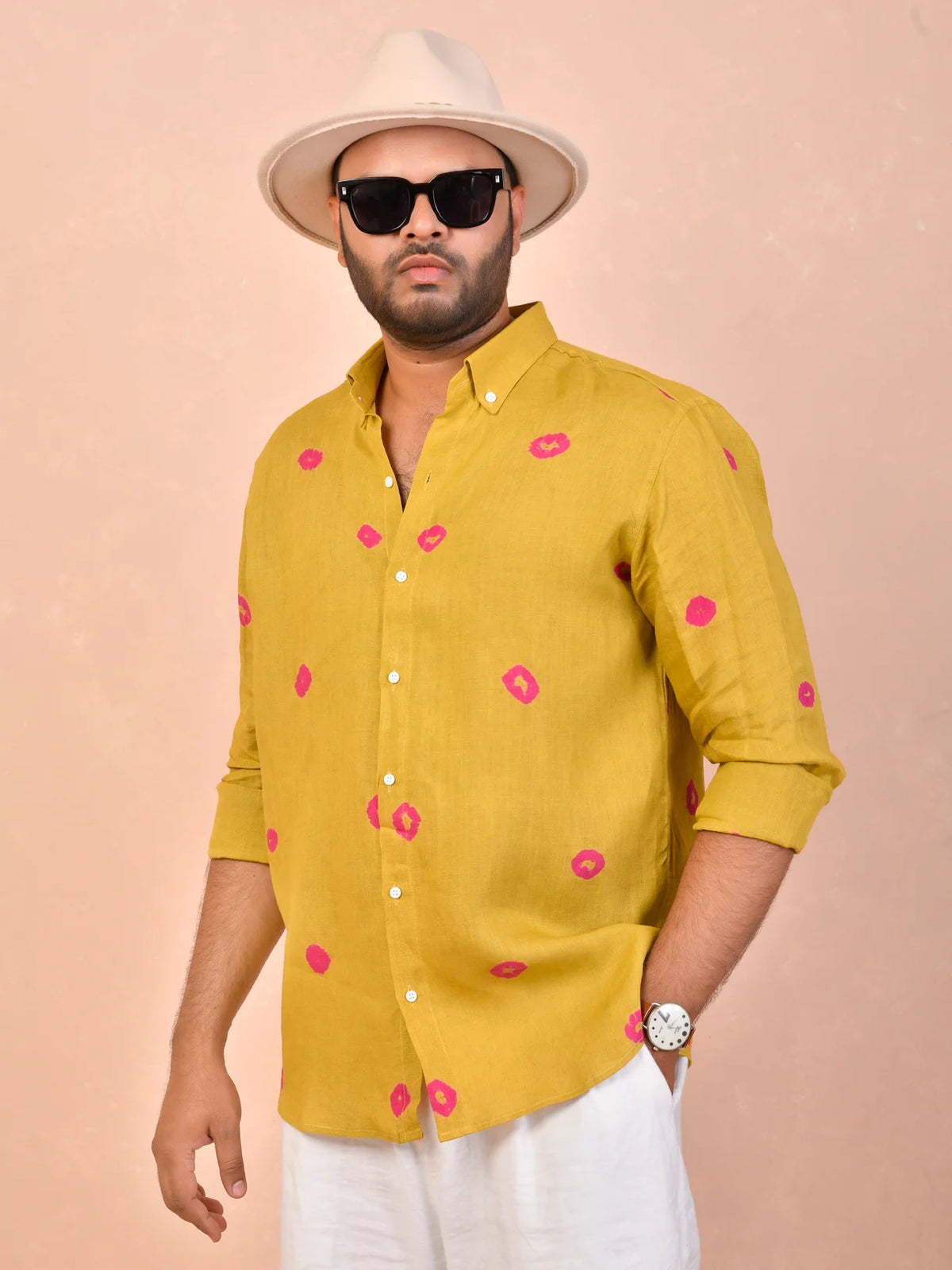 Mustard with Pink Bandhani pure linen shirt