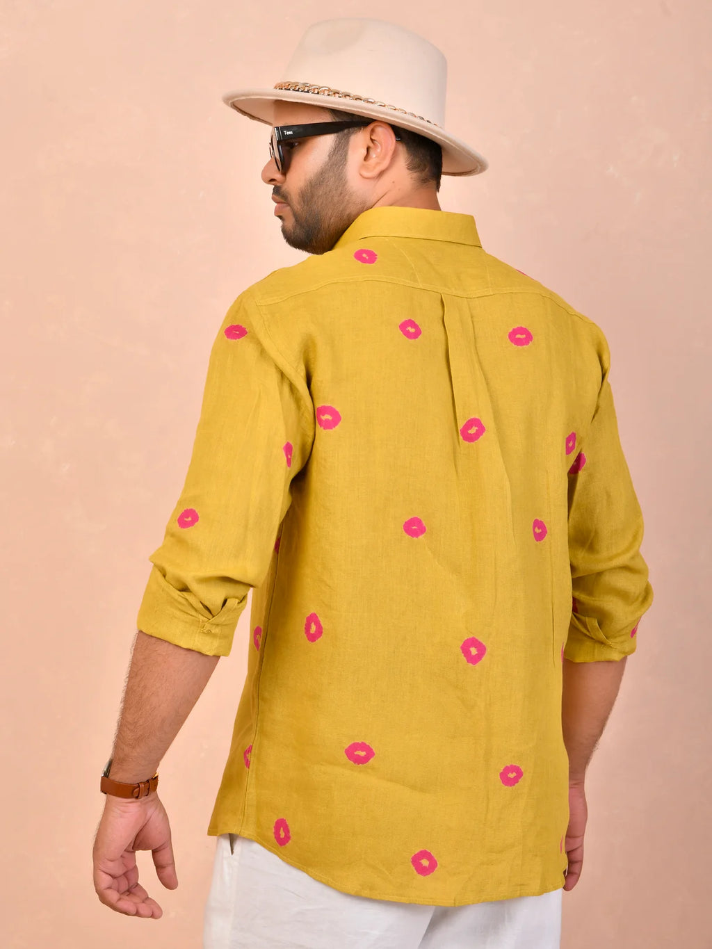 Mustard with Pink Bandhani pure linen shirt