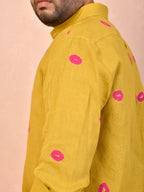 Mustard with Pink Bandhani pure linen shirt