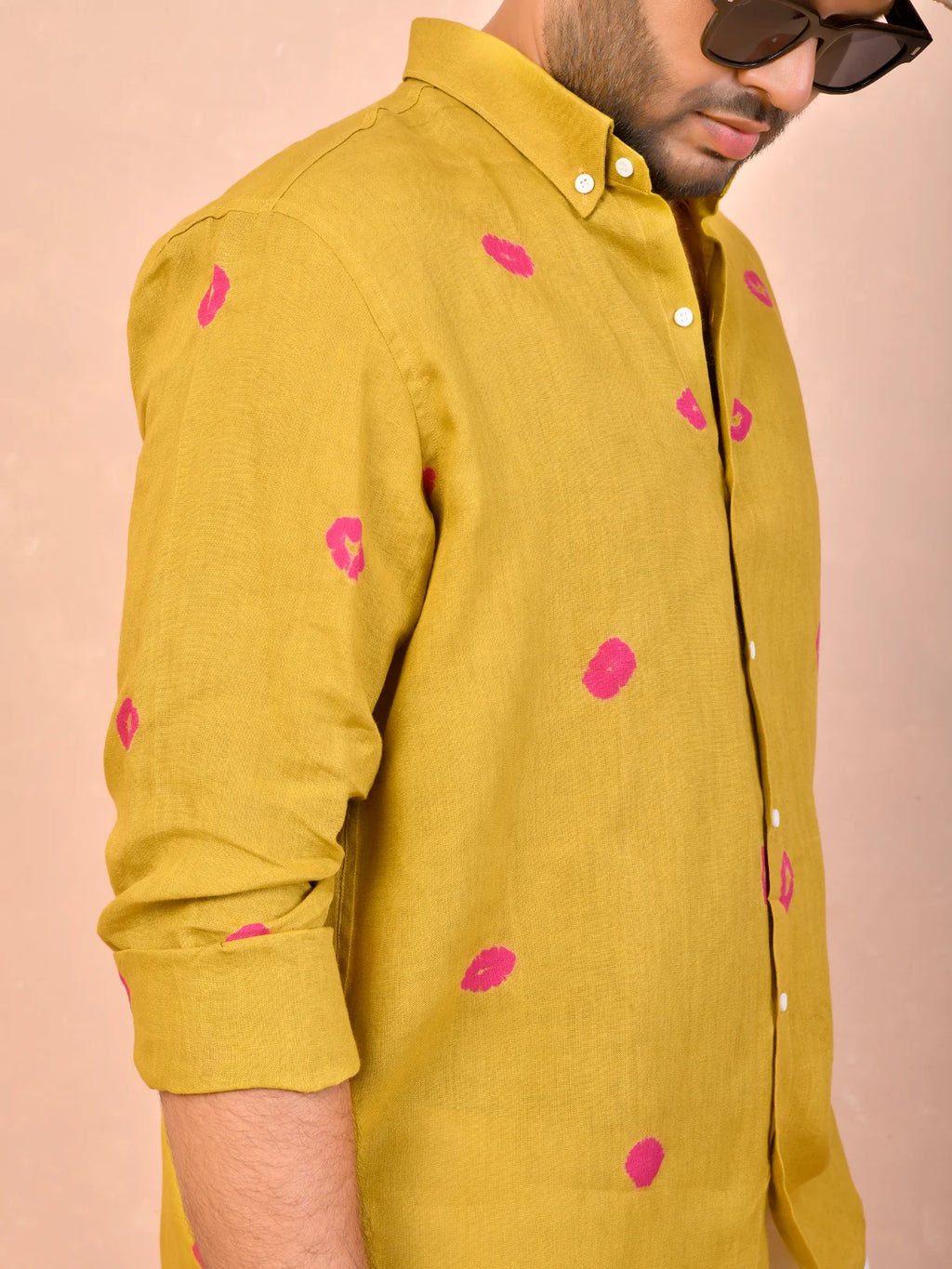 Mustard with Pink Bandhani pure linen shirt