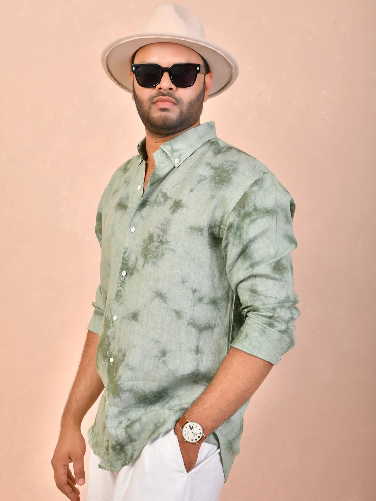 Olive Mist Tie & Dye pure linen shirt