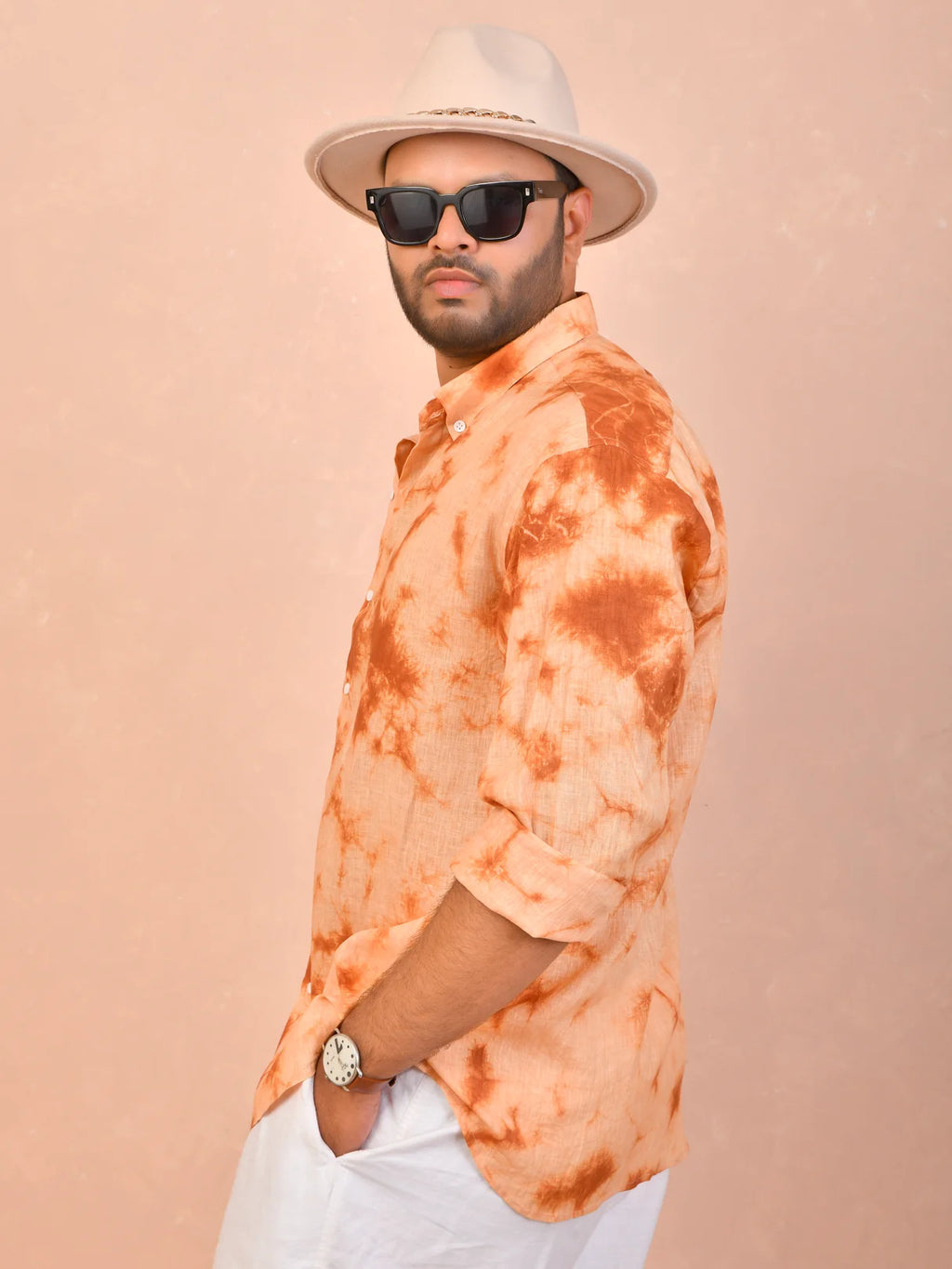 Burnt Orange Tie & Dye pure linen shirt