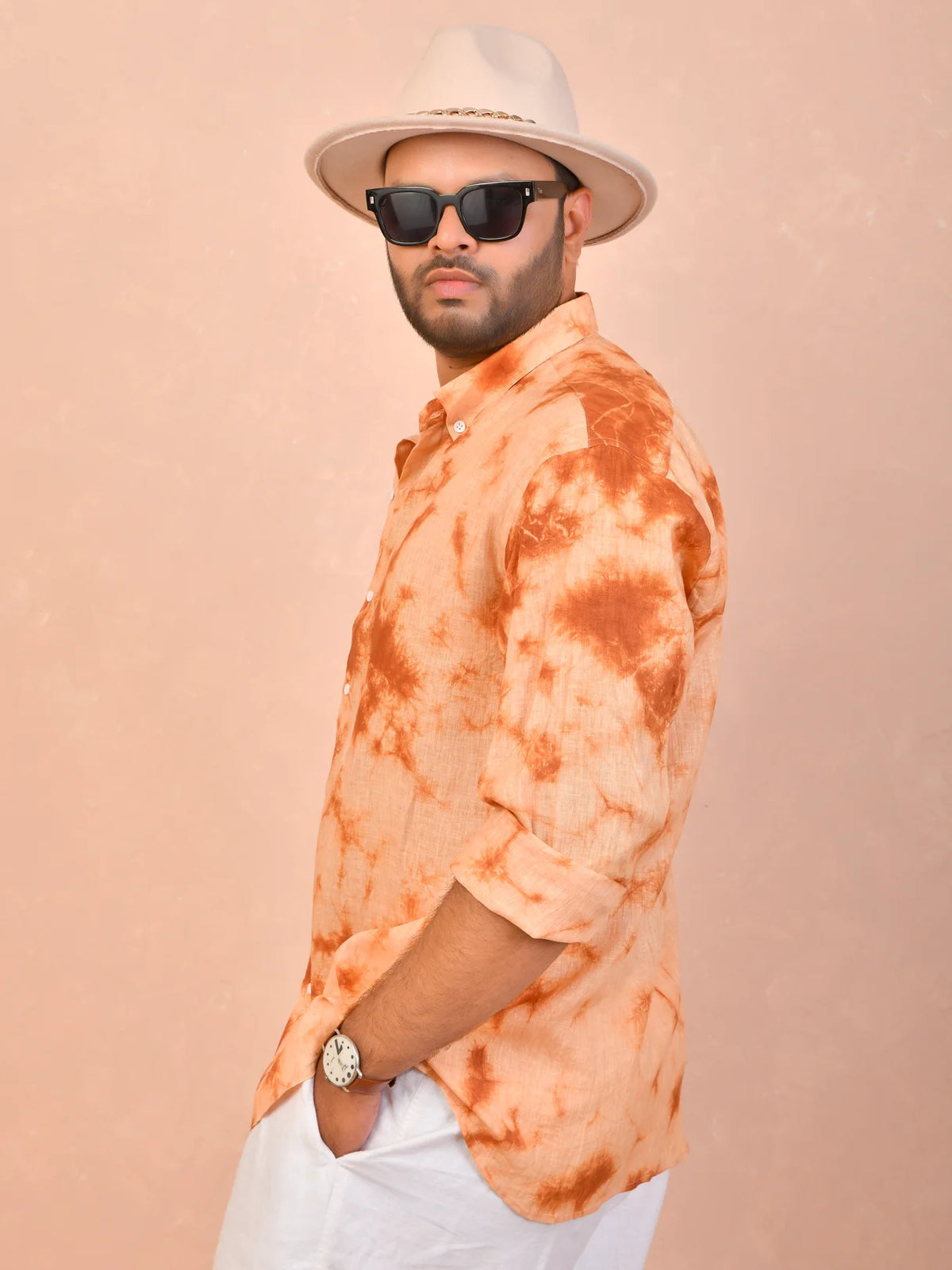 Burnt Orange Tie & Dye pure linen shirt