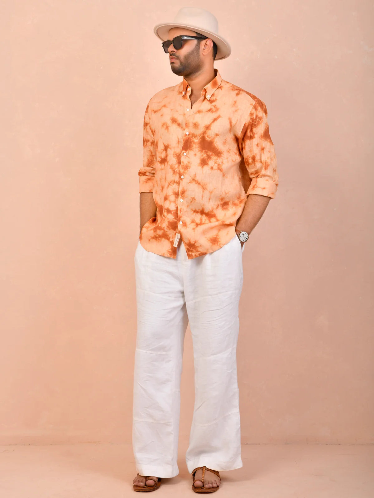 Burnt Orange Tie & Dye pure linen shirt