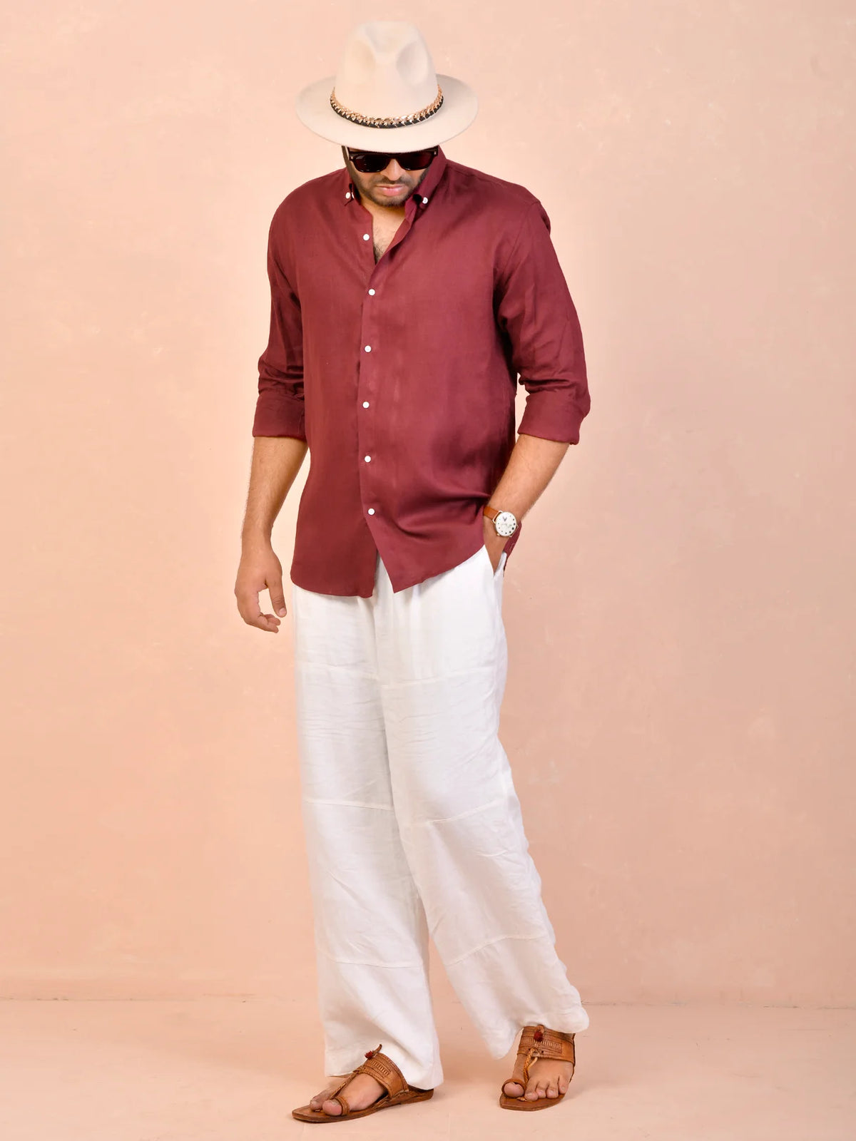 Wine solid pure linen shirt