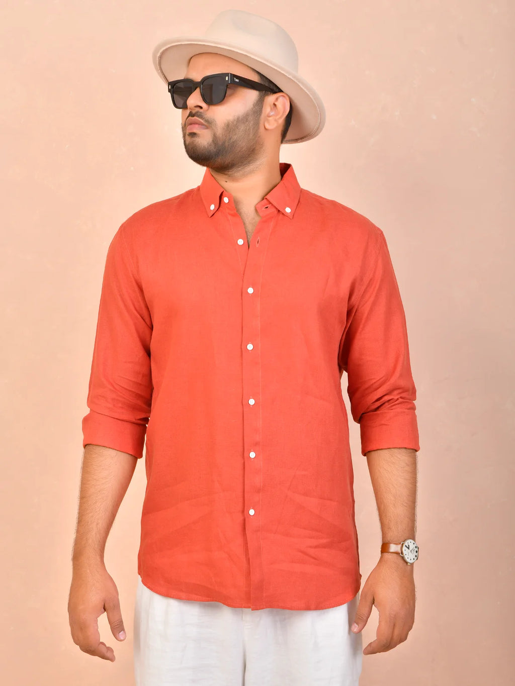 Rust Orange solid pure linen shirt