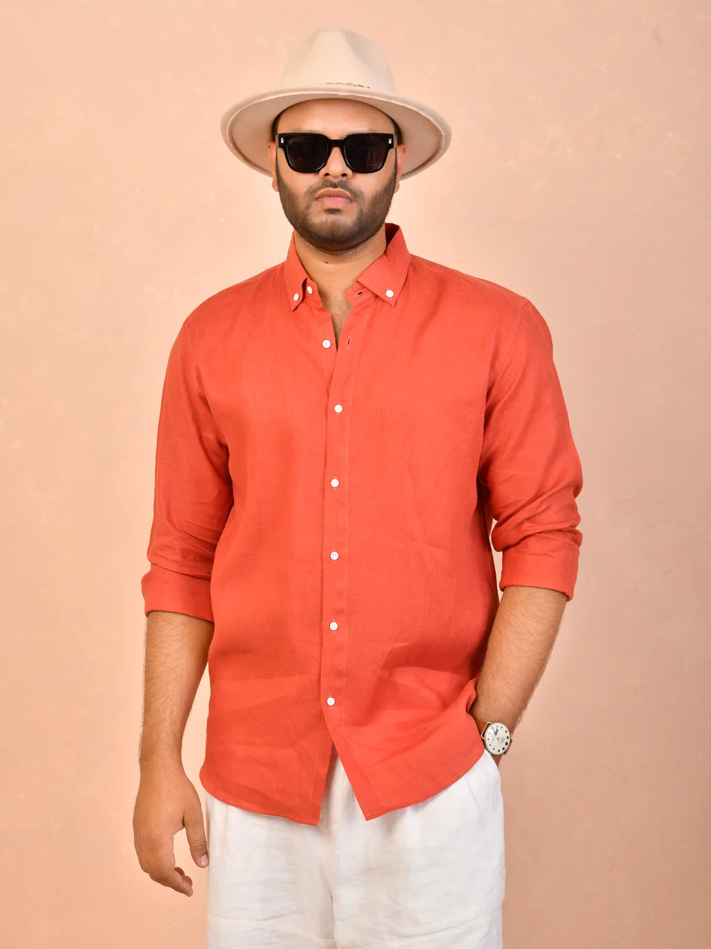 Rust Orange solid pure linen shirt