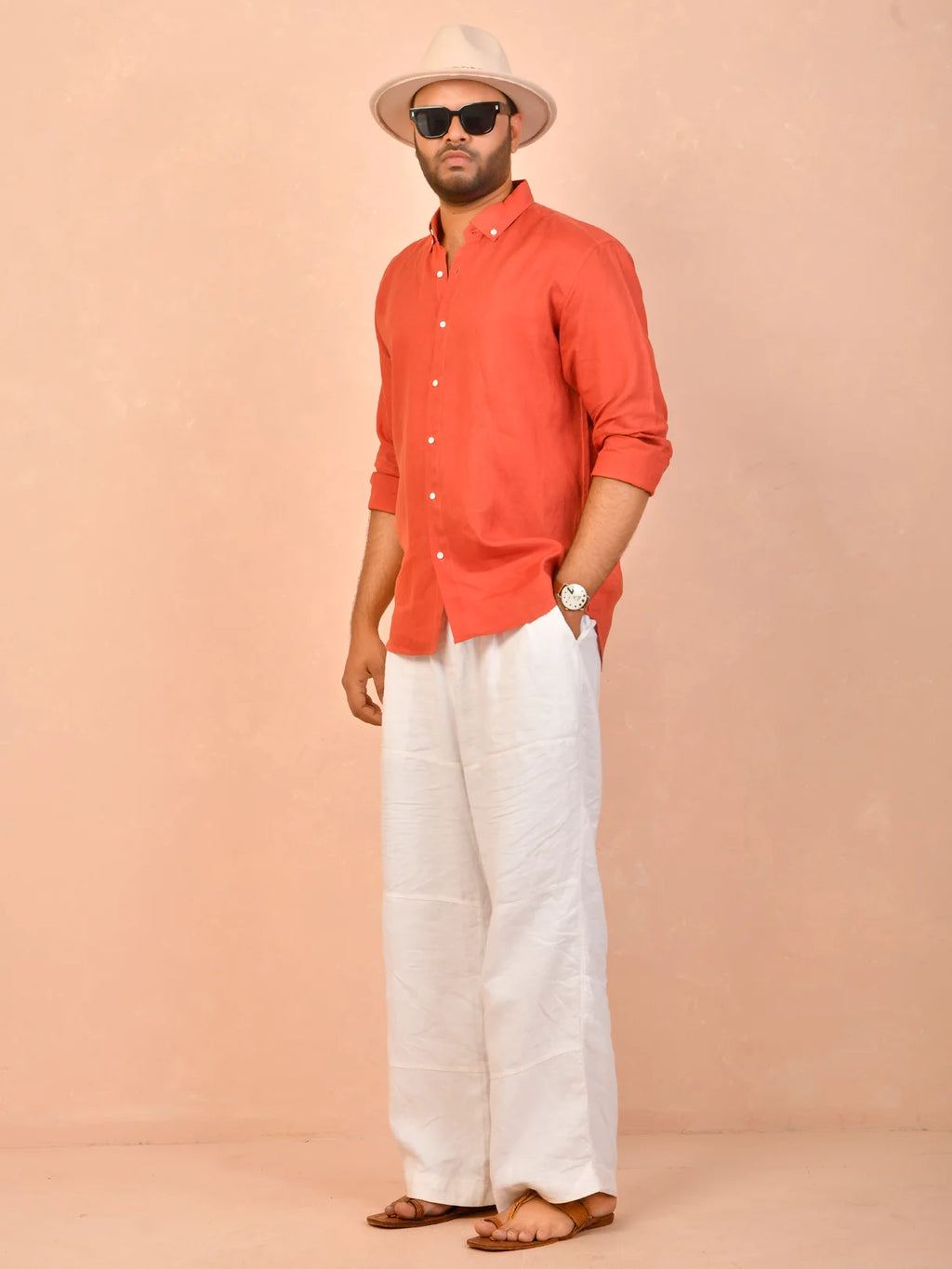 Rust Orange solid pure linen shirt