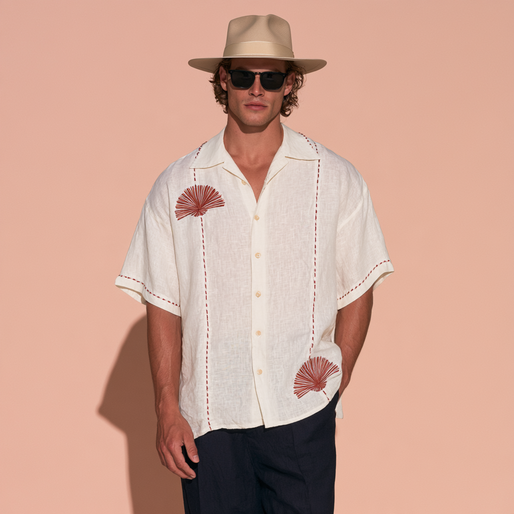 Pure Linen Embroidered Shirt Men
