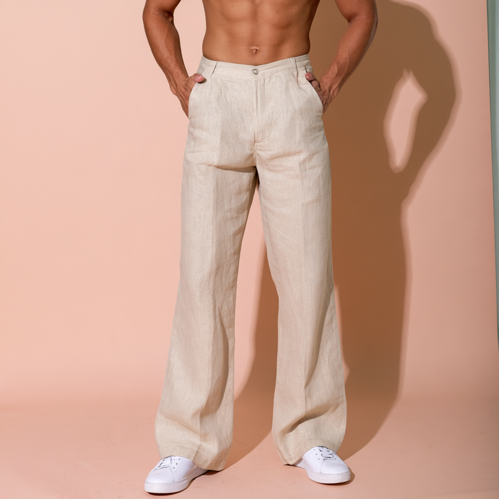 luxury Beige Pure Linen Trousers Men