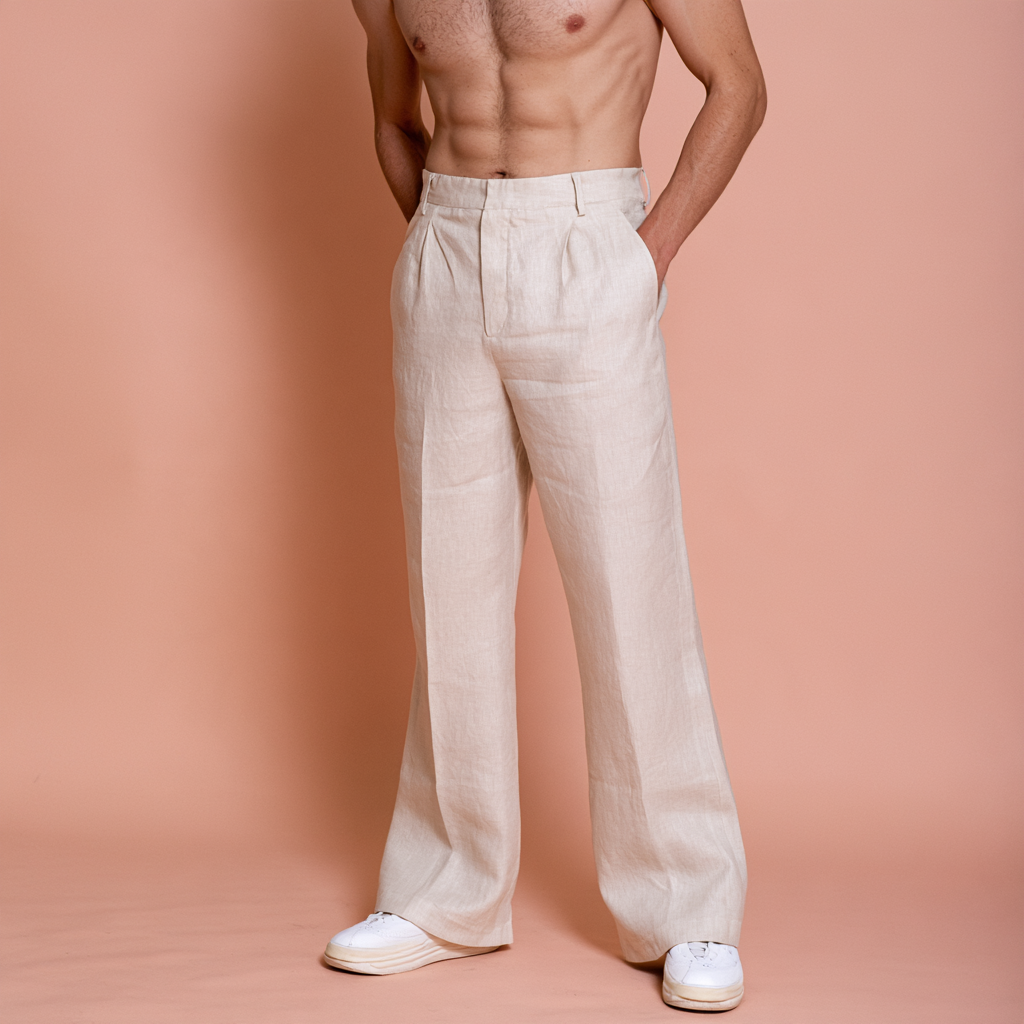 Classic Light Beige Pure Linen Trousers Men