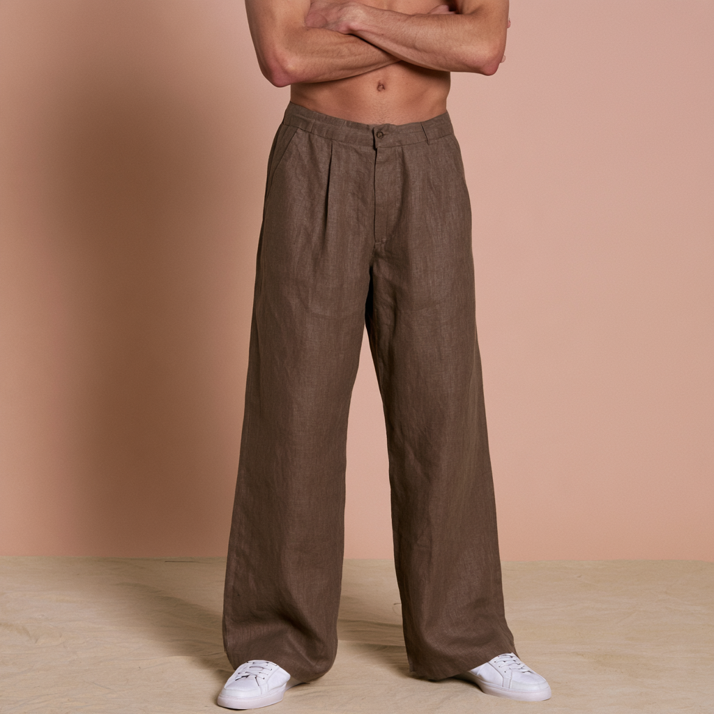 Walnut Brown Pure Linen Trousers Men