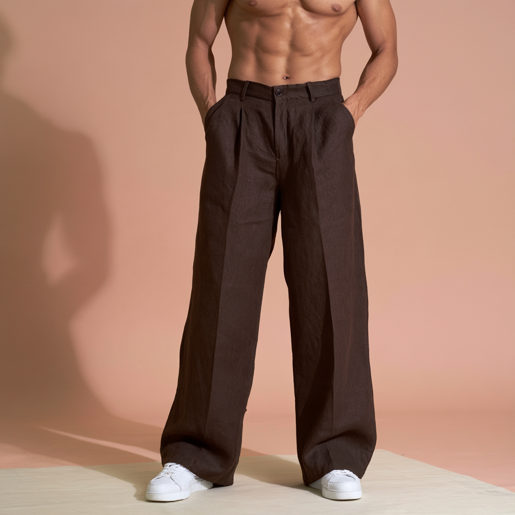 Dark Brown Pure Linen Trousers Men