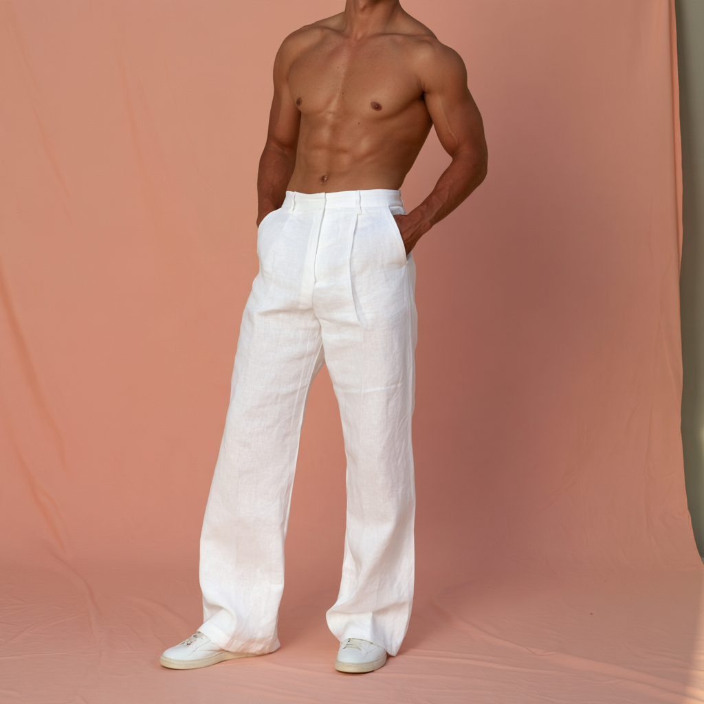 luxury White Pure Linen Trousers Men