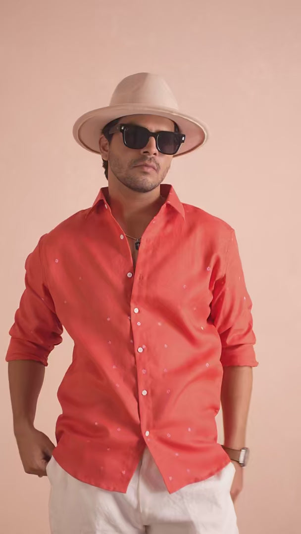 Bandhej Coral Red Pure Linen Shirt