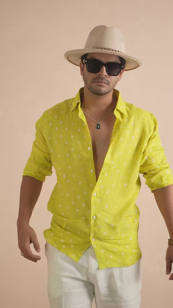Bandhej Lime Yellow Pure Linen Shirt
