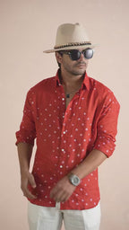 Bandhej Vermilion Red Pure Linen Shirt
